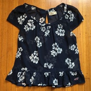 Navy Hollister Blouse with White Hawaiian Flowers